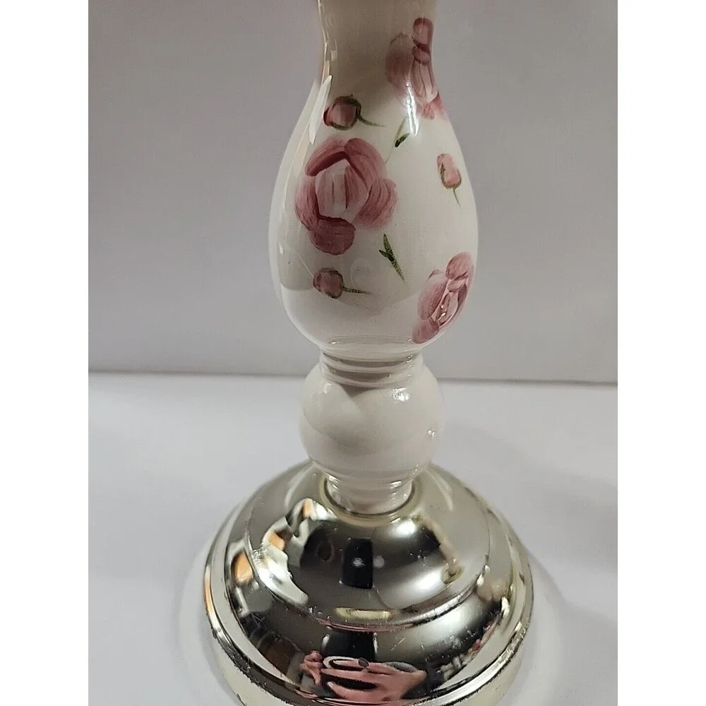 (2) Home Interiors Candle Holders Shabby Chic Pink Floral Gold Taper 7.5